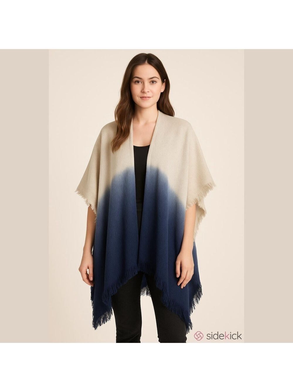 Francesca's Poncho Shawl Women's One Size Cream and Blue Dip Dye Raw Hem